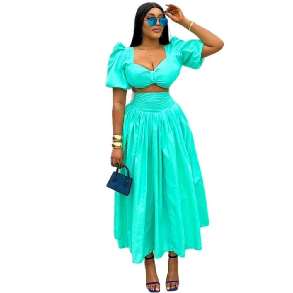 ZARA African Short Sleeve Square Neck Crop Top High Waist Long Skirt Set